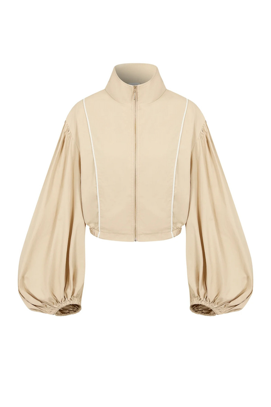 RIVIR Jacket Women's Large Beige Cotton Zip Front Balloon Sleeve Cropped